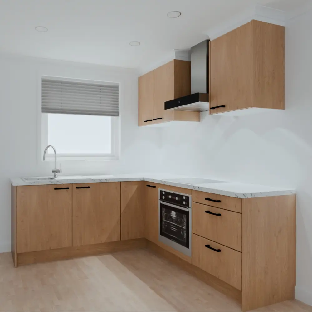 L Shaped kitchen in oak timber laminate with laminate benchtop