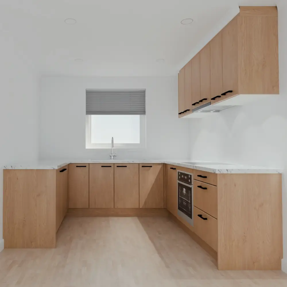 Oak timber laminate kitchen in U shape with overhead cabinets black handles and black oven