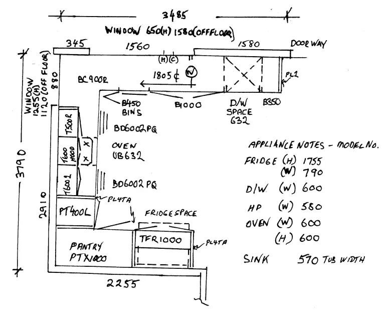 sketch of a kitchen with measurements