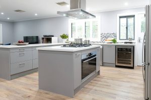 grey open plan kitchen