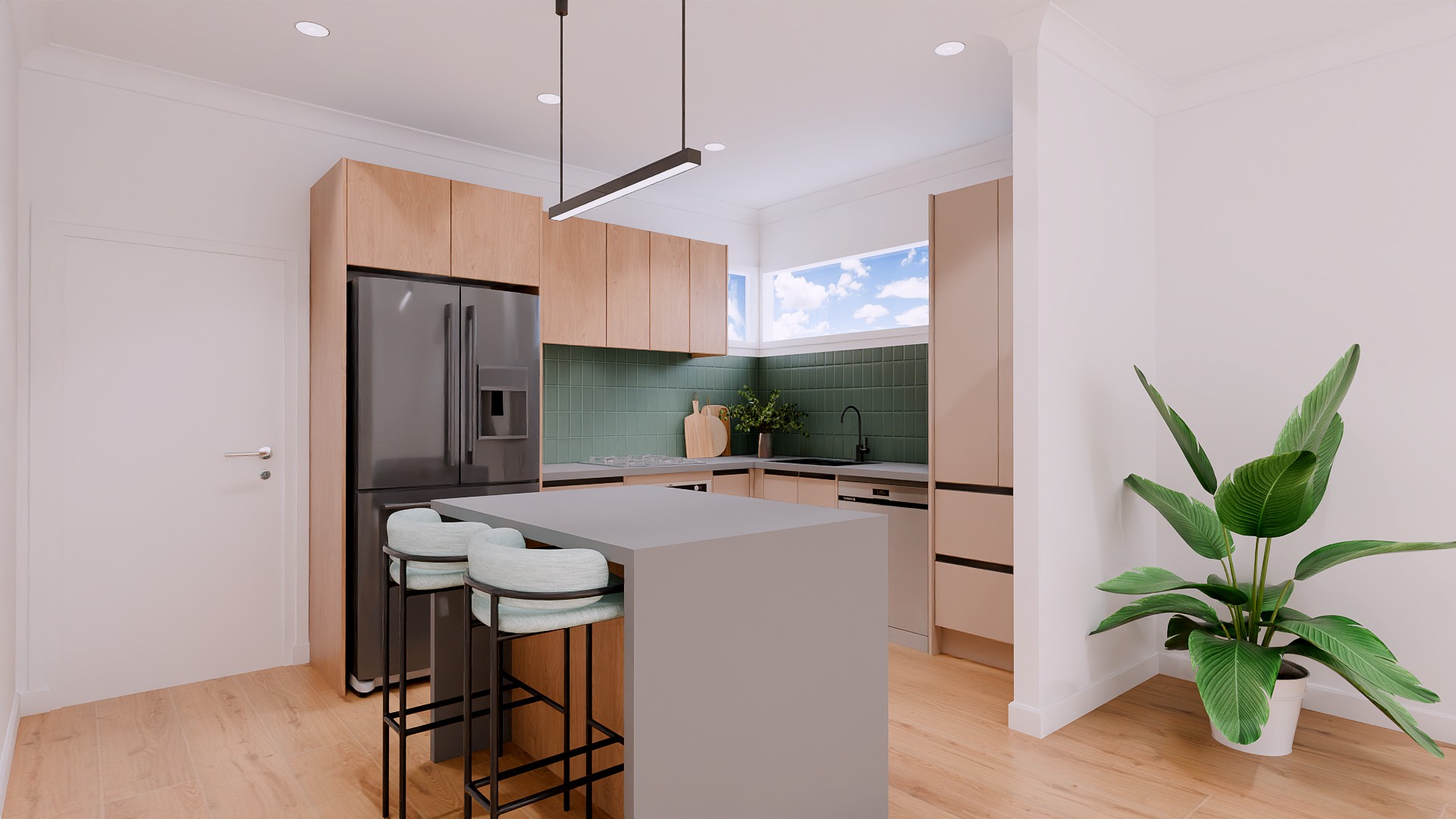 Kitchen software design render of a u shape kitchen with standalone stone island bench cream cabinetry and oak laminate overhead cabinetry