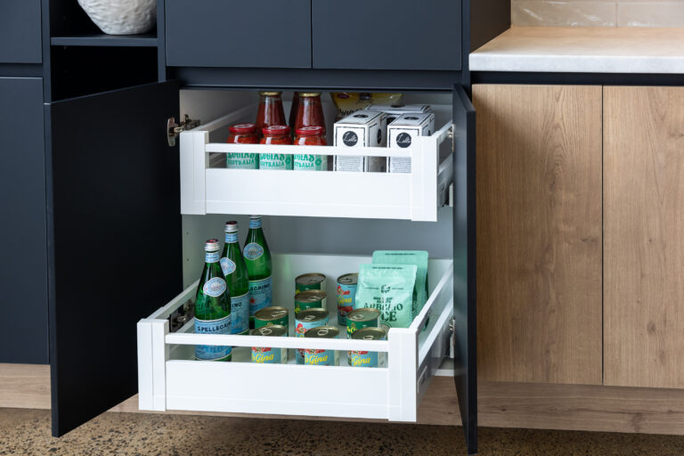Pull out kitchen baskets with pantry staples
