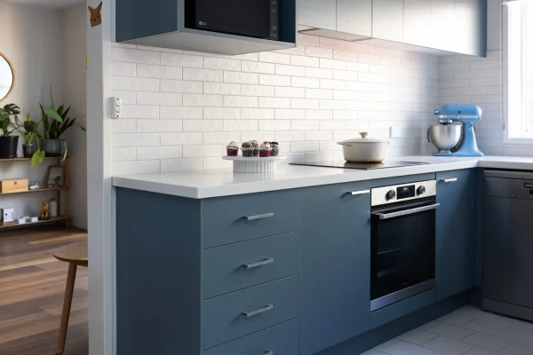 Blue kitchen cabinetry with chrome handles and black underbench oven with cream pot on cooktop and cakes on a cake stand