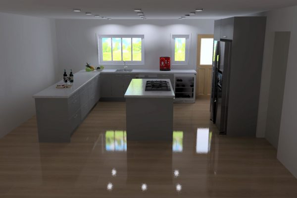3D Render displaying grey kitchen renovation