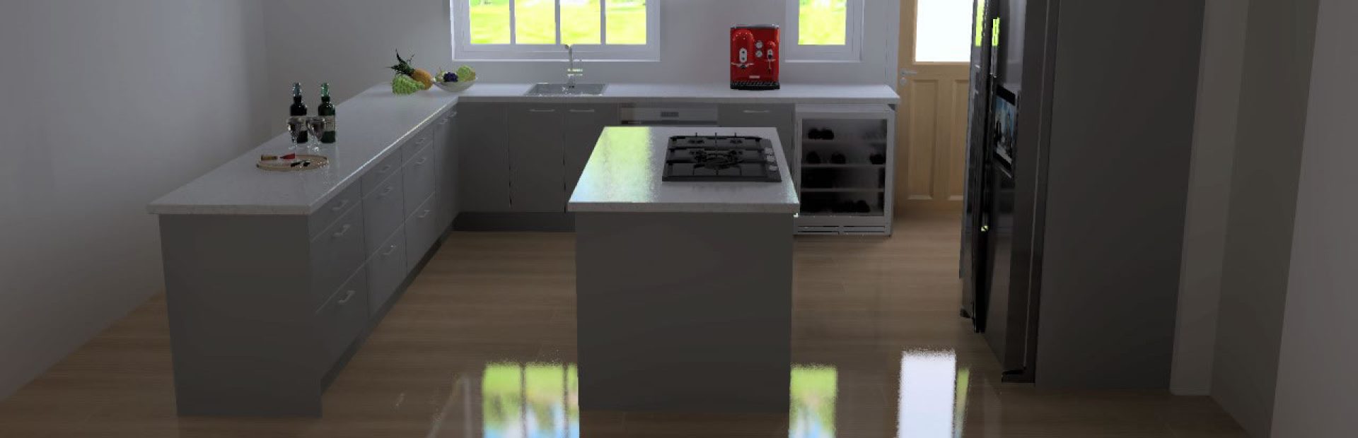 3D Render displaying grey kitchen renovation