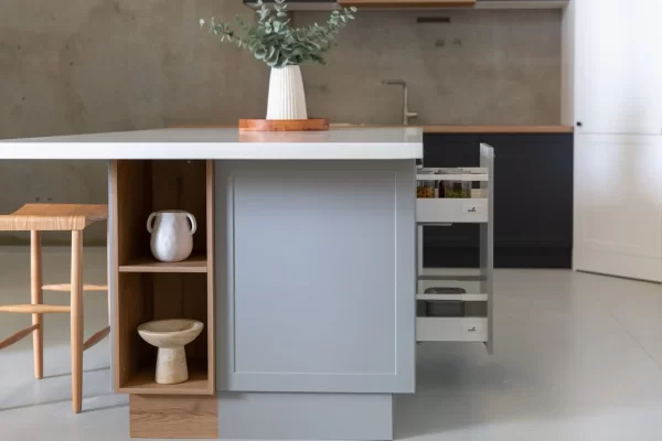 Island bench in grey cabinetry with timber stool and timber open shelf displaying vases